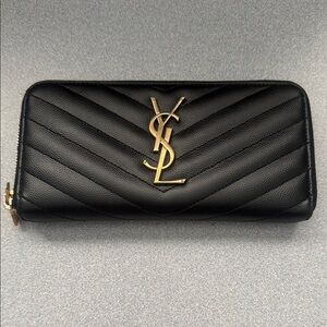 Yves Saint Laurent Black Chevron Wallet with Gold Logo